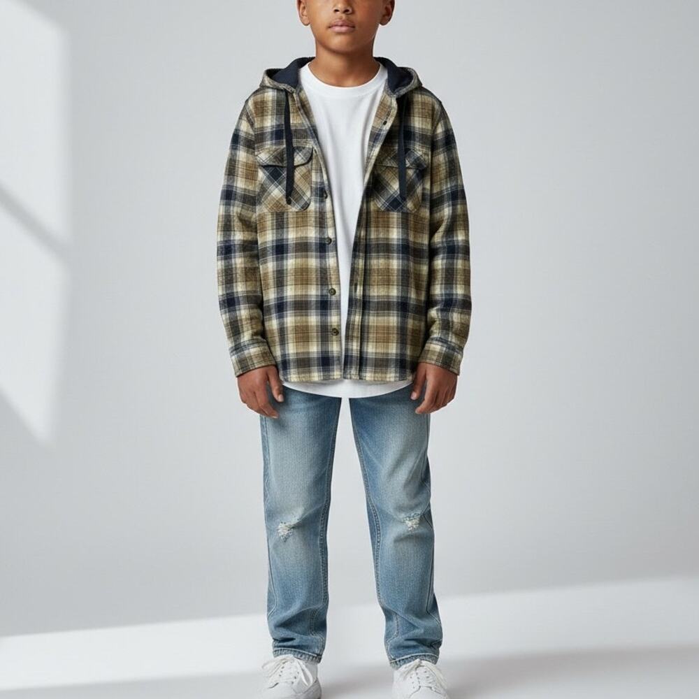 Carhartt Flannel Hooded Shirt Boy's Sz M Green Beige Plaid Gorpcore Shacket